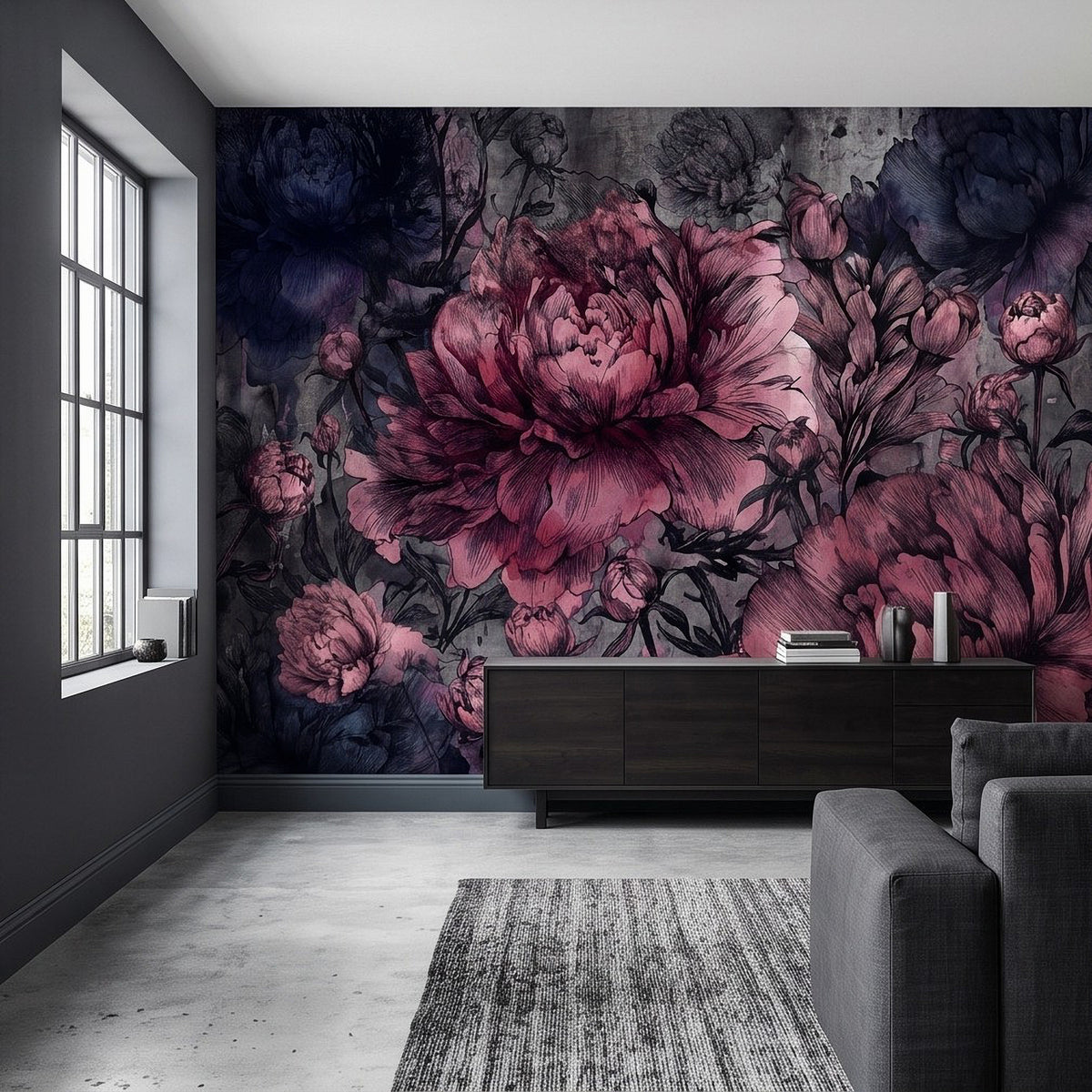 Peony botanical wall mural with deep pink blossoms and dark gray flower clusters.