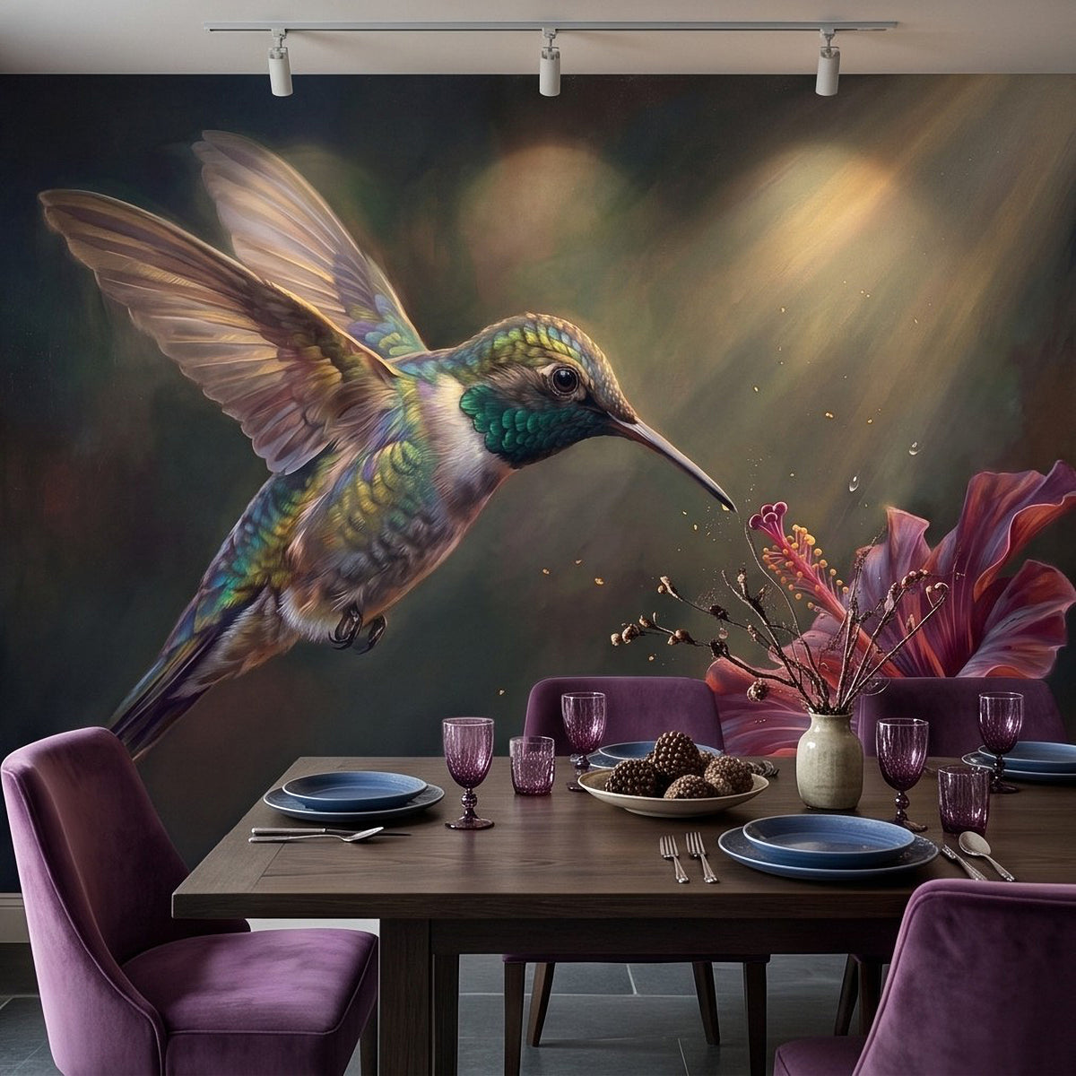 Hummingbird and hibiscus mural on dark wall above a dining table setting