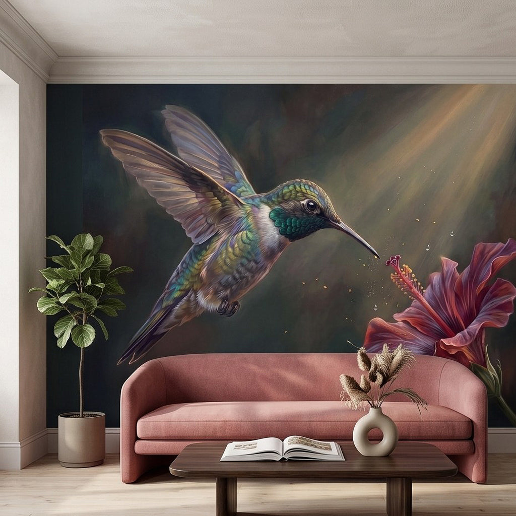 Tropical hummingbird and hibiscus floral wall mural on a dark feature wall