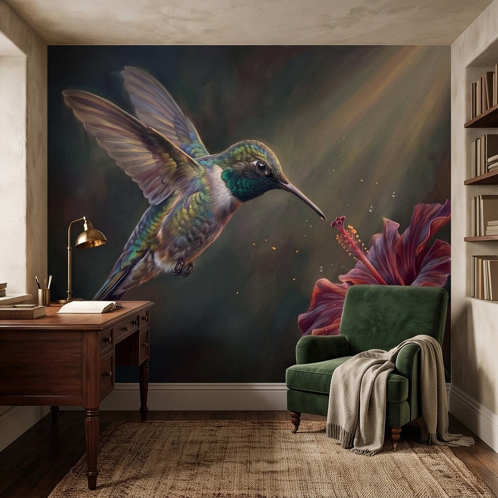 Tropical wall mural of a hummingbird near a red hibiscus bloom