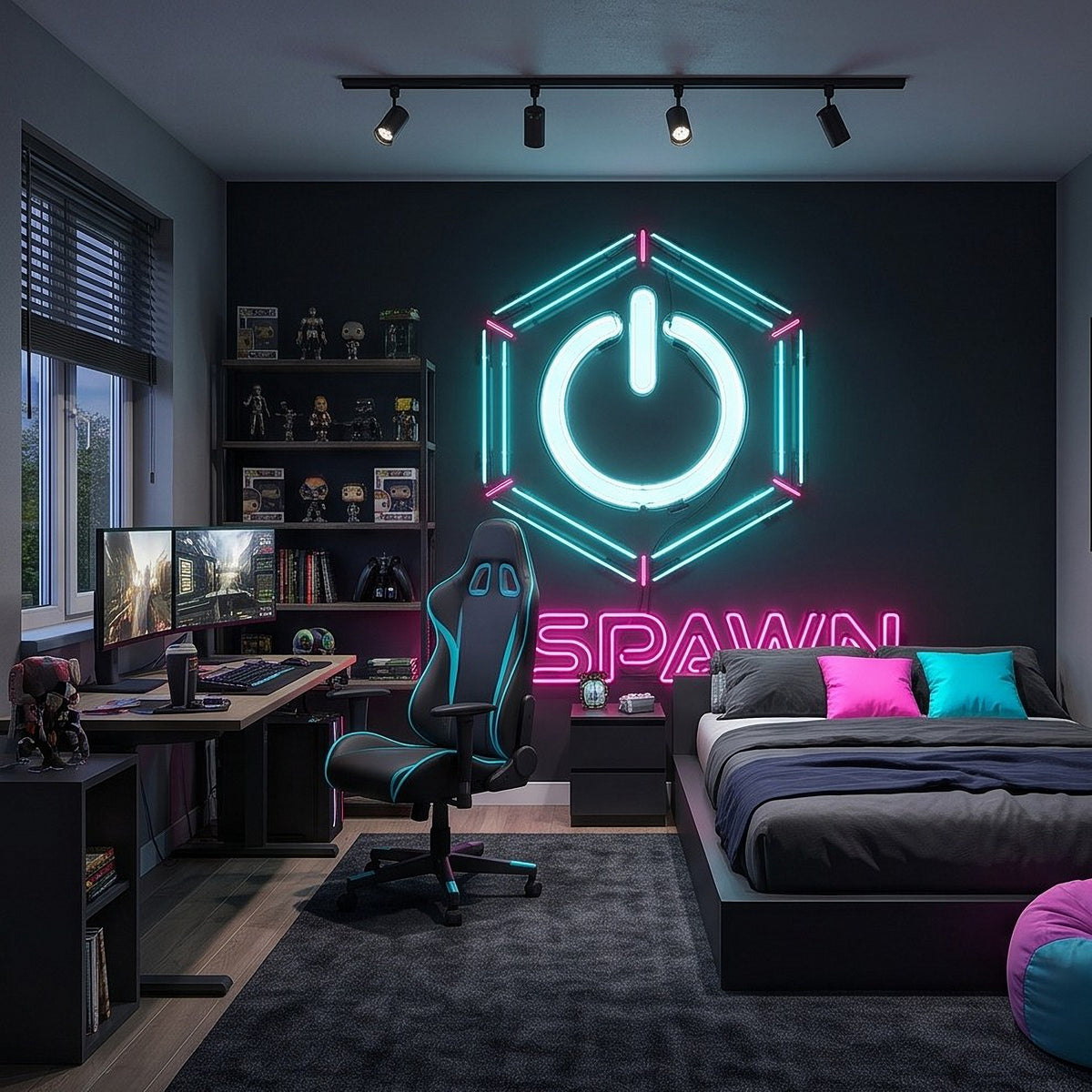 Glowing gaming wall mural with cyan hexagon power icon and neon 'RESPAWN' text