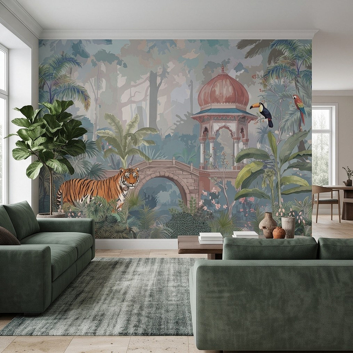Tropical jungle wall mural with orange tiger, red-domed gazebo, parrots, and lush plants