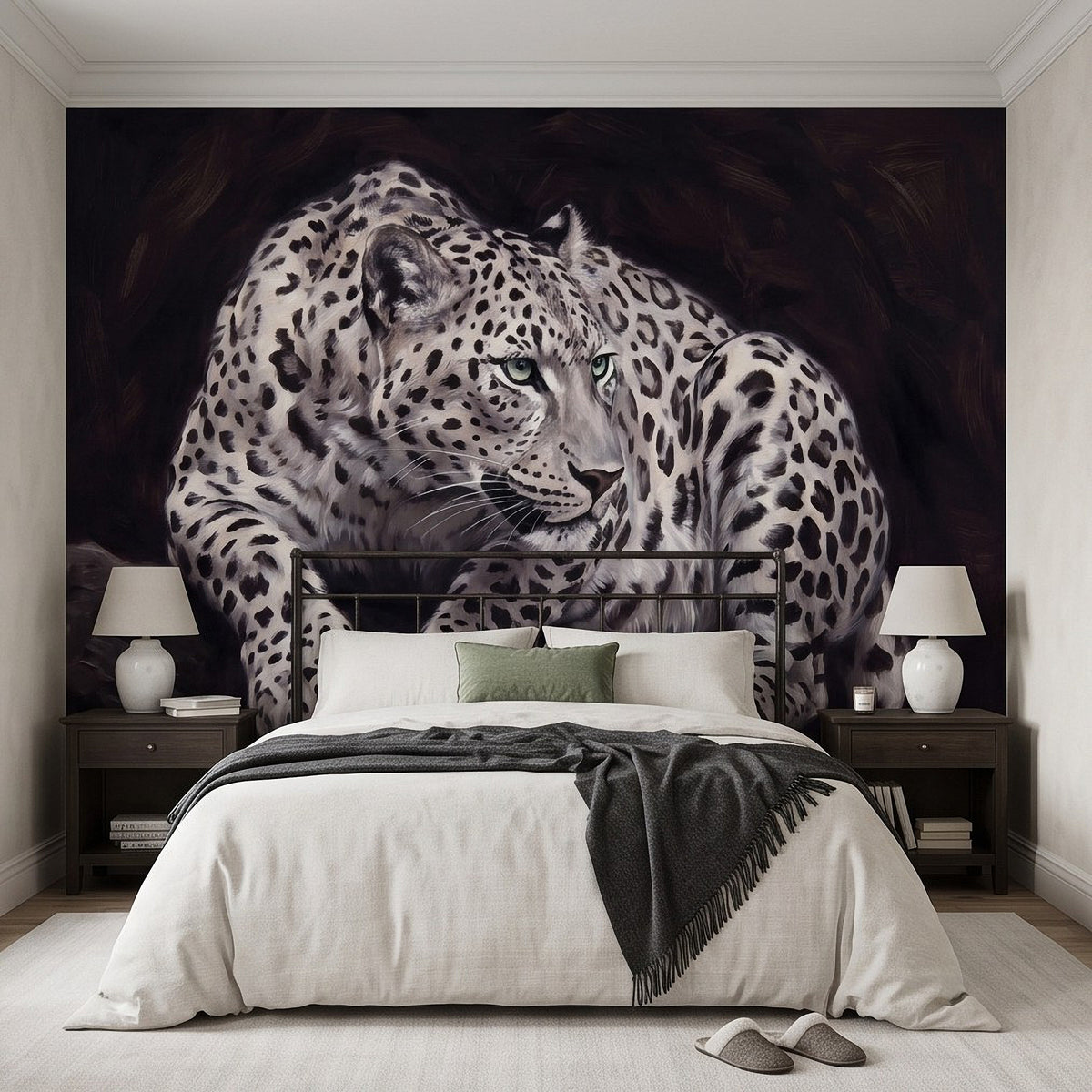 Snow leopard portrait wall mural, white fur with dark spots and light blue eyes
