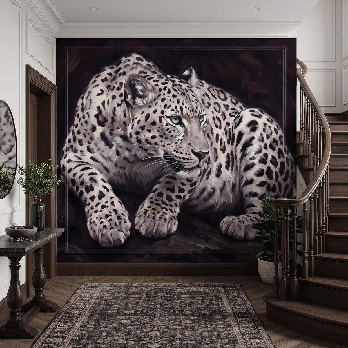Snow leopard portrait wall mural, full-body lounging animal with blue-green eyes