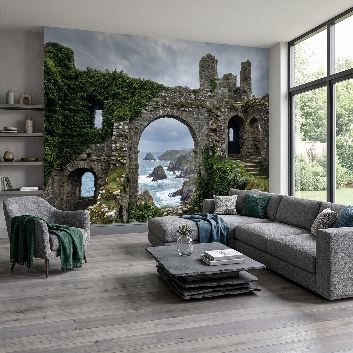 Wall mural of fortress stone arches covered in greenery with coastline and cliffs