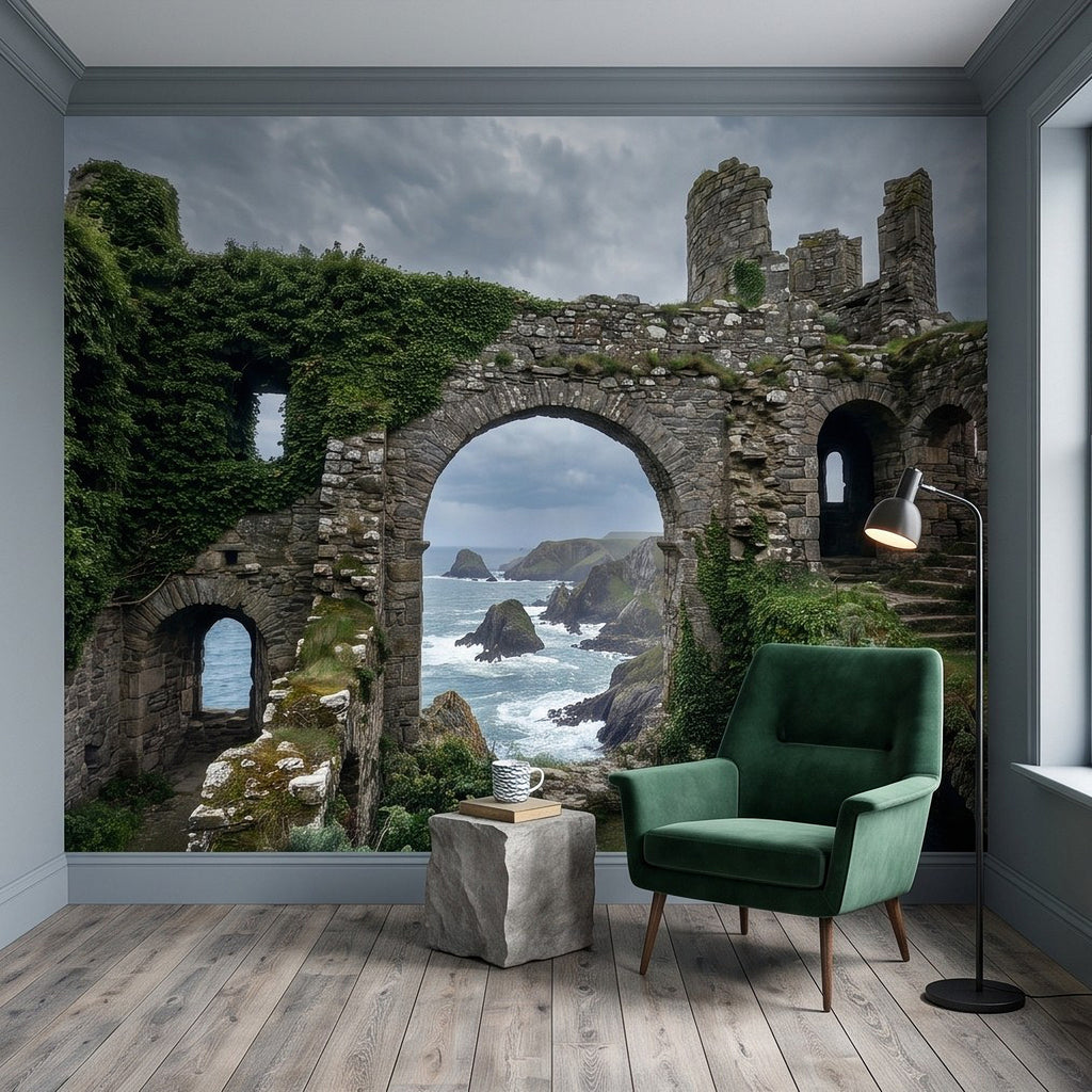 Wall mural of stone arches with green vines, facing rocky ocean shoreline and waves