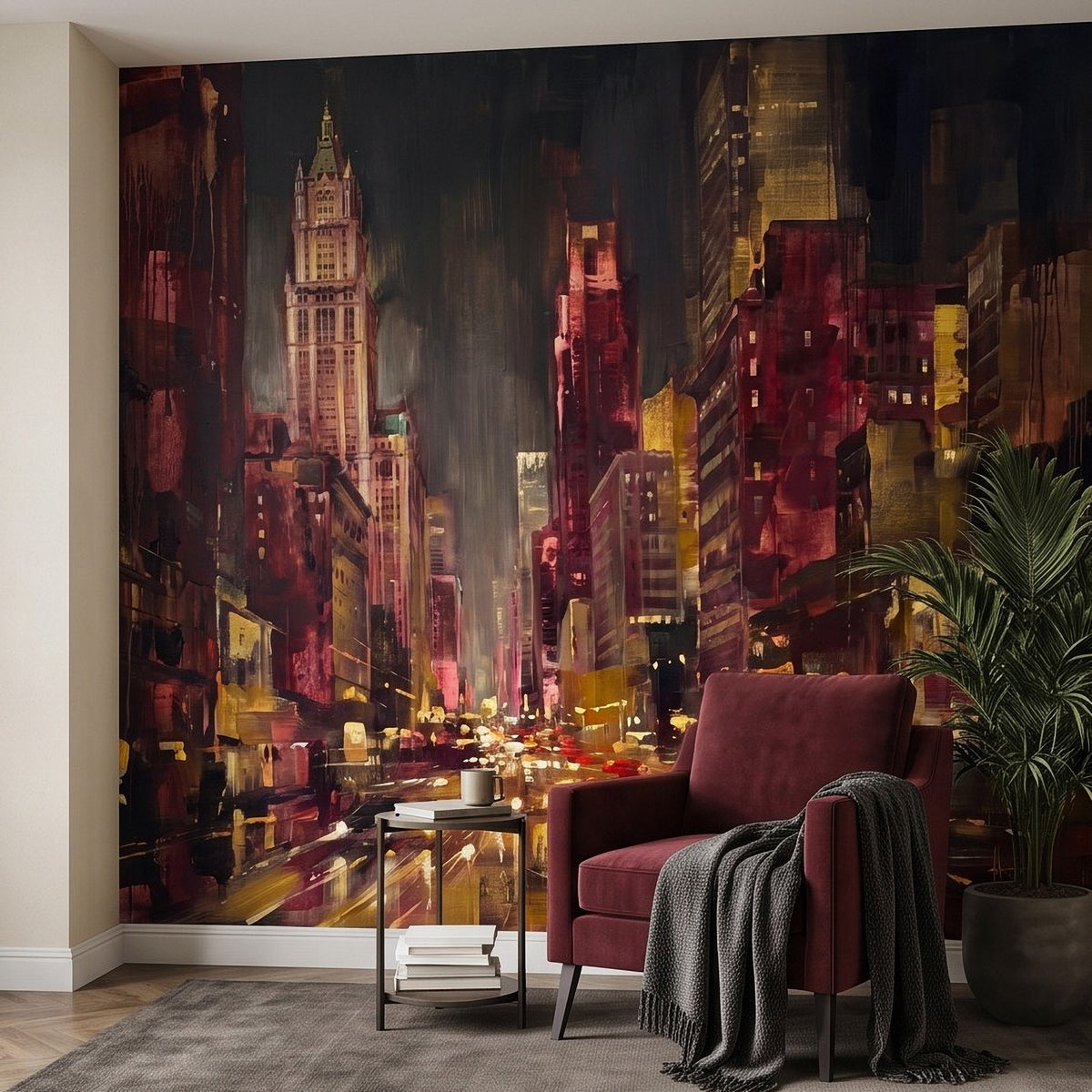 Abstract Manhattan skyline wall mural painting with illuminated buildings and warm red-gold highlights