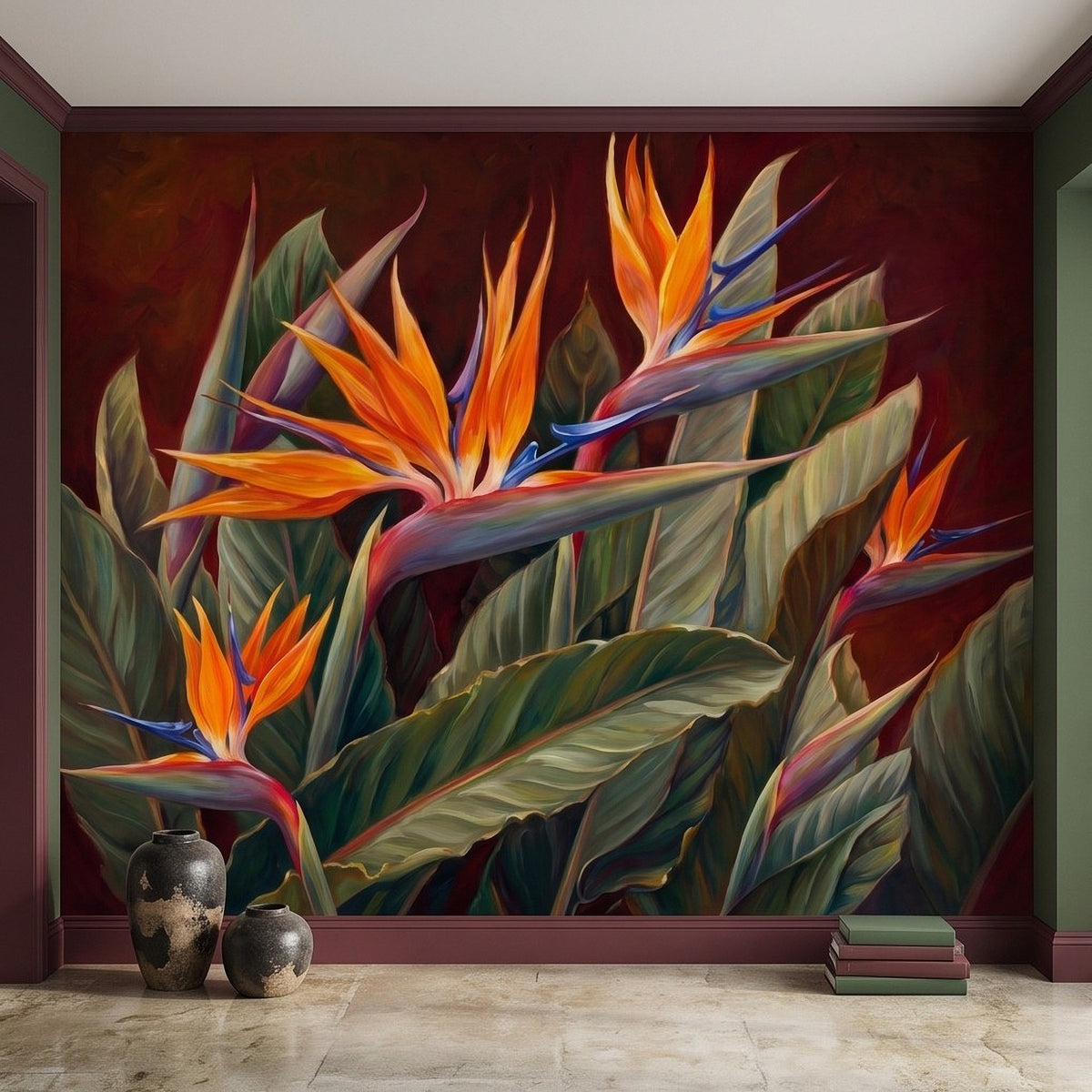 Bird of paradise wall mural close-up with bright orange blooms and overlapping green leaves