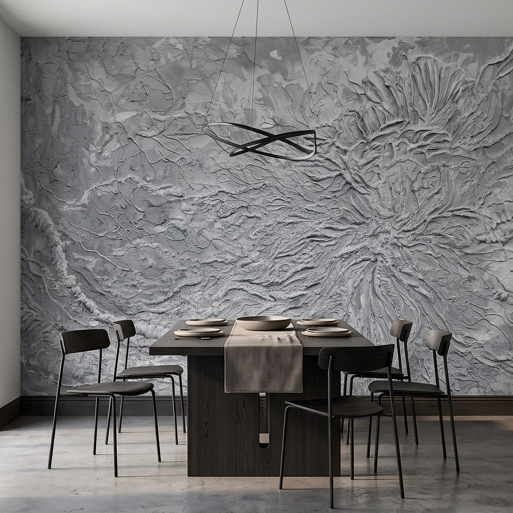 Gray plaster relief wall mural with embossed floral motif in sweeping texture