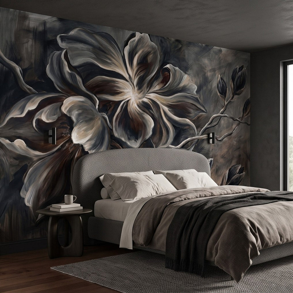 Botanical wall mural with large magnolia blossom and flowing charcoal branchwork