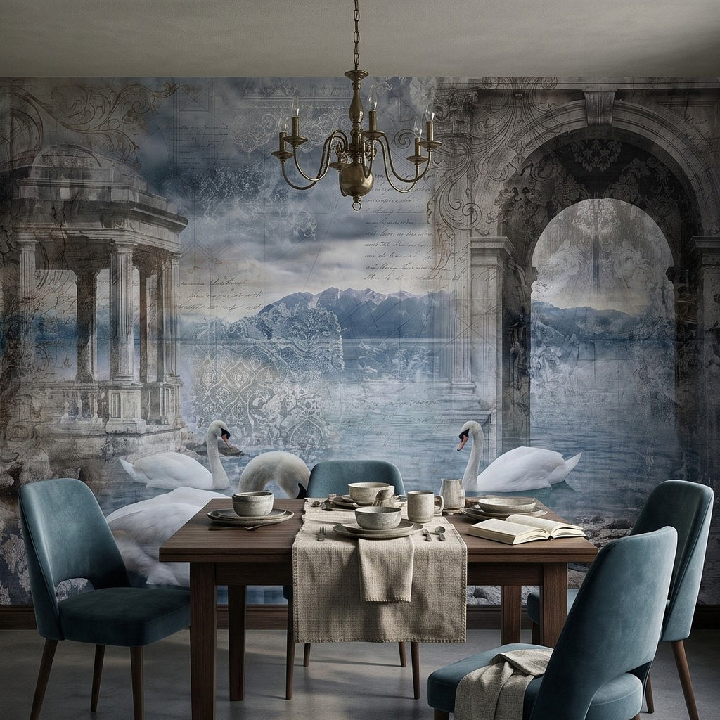 Blue-gray architectural ruins wall mural with swans, arches, and mountain backdrop