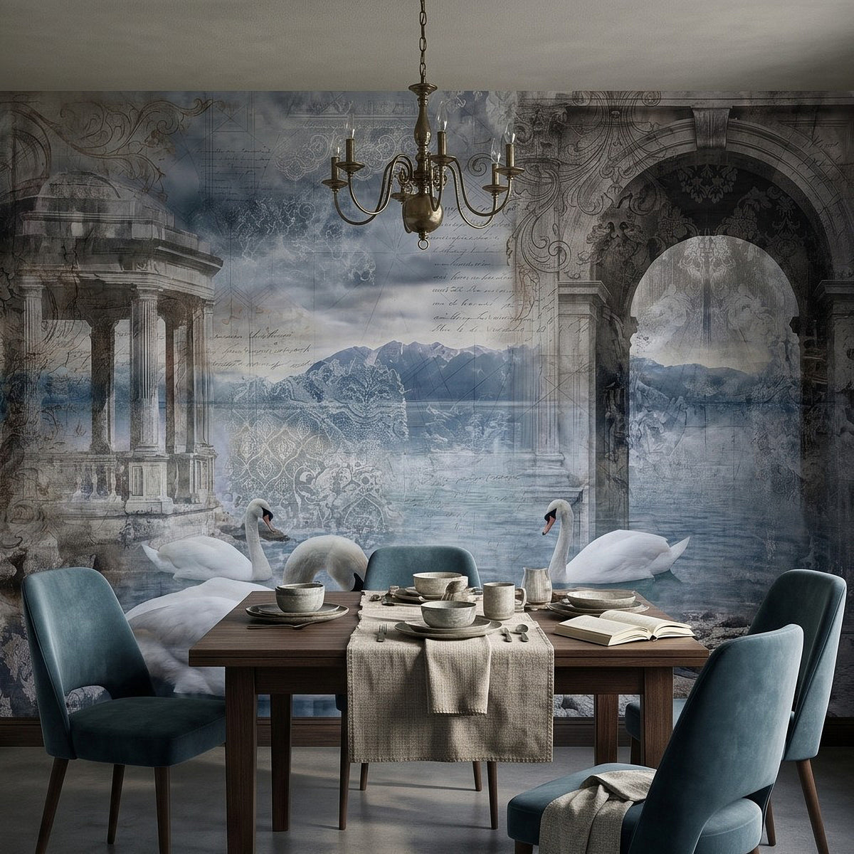 Blue-gray architectural ruins wall mural with swans, arches, and mountain backdrop