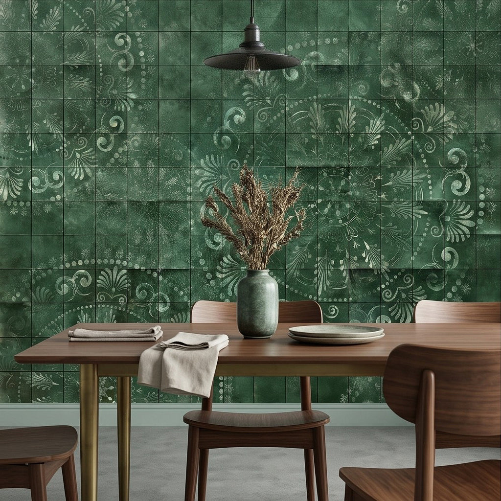 Green tile wall mural with white floral scrollwork, dining table and vase in front