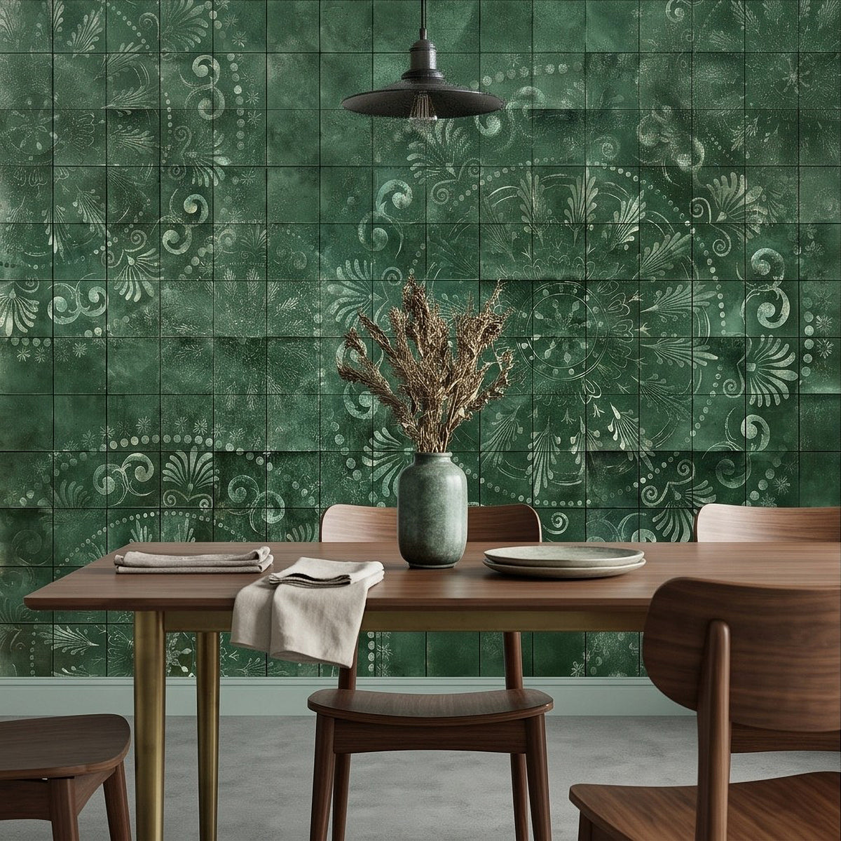 Green tile wall mural with white floral scrollwork, dining table and vase in front