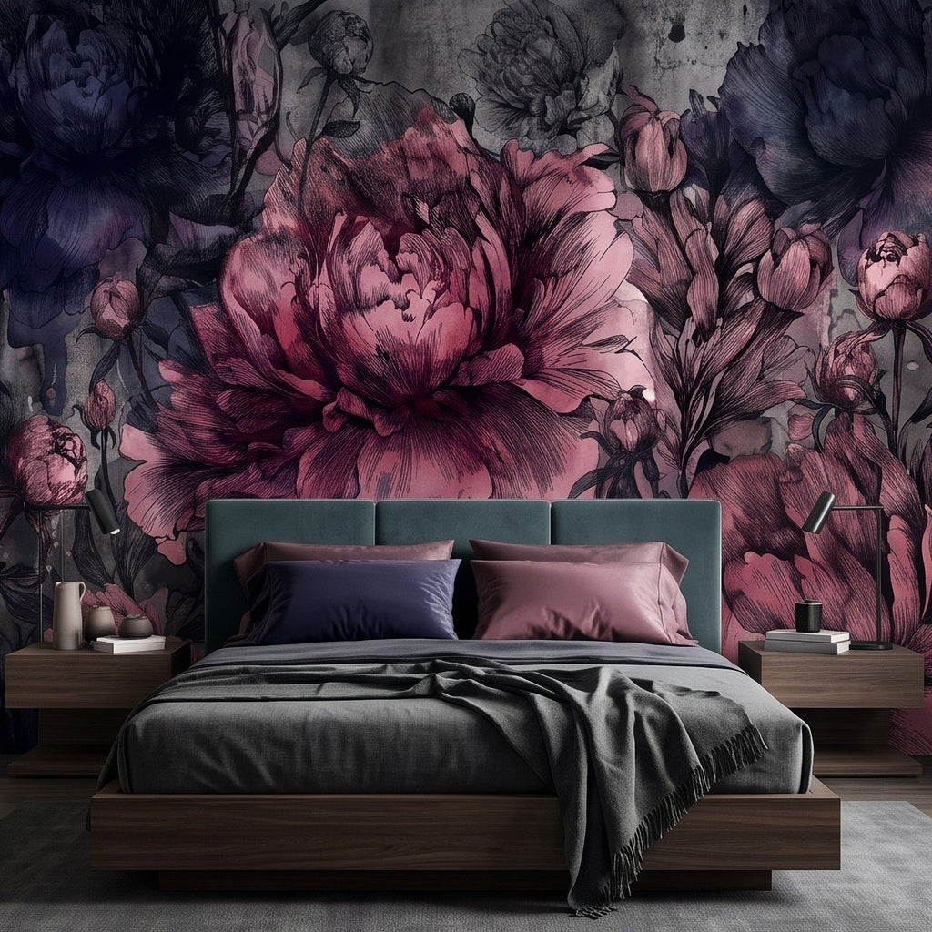 Floral peony wall mural with bold large pink bloom center and surrounding dark foliage.