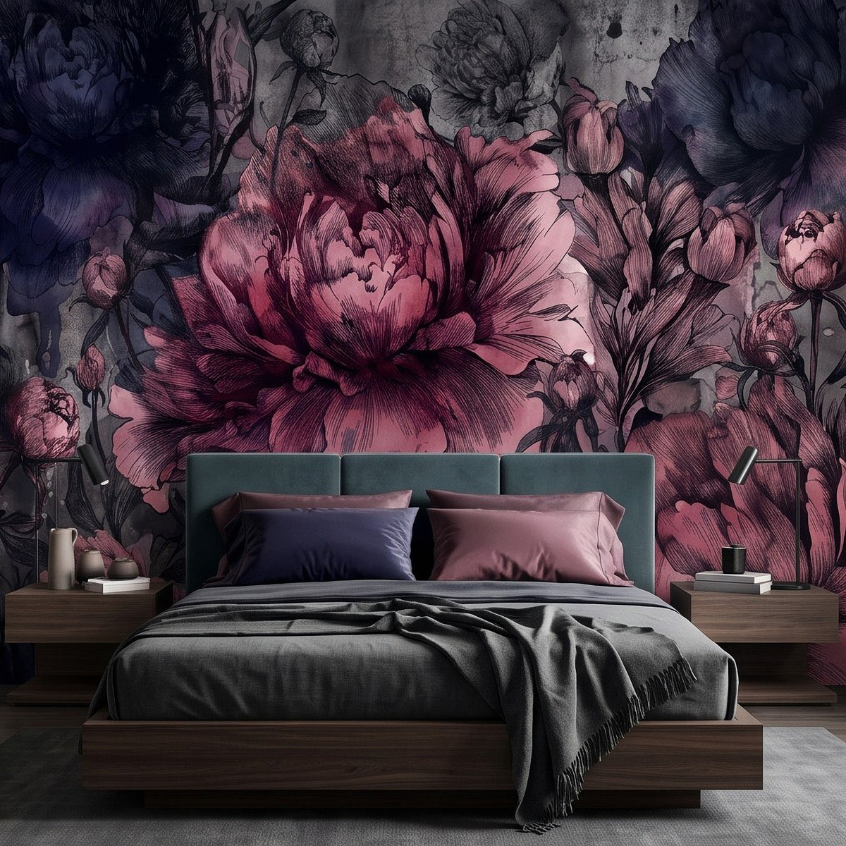 Floral peony wall mural with bold large pink bloom center and surrounding dark foliage.
