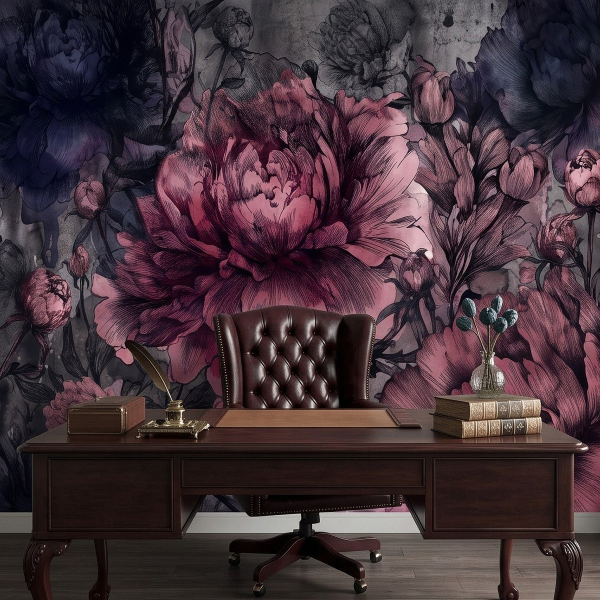 Peony floral wall mural with large pink flower center and dark layered botanical stems.