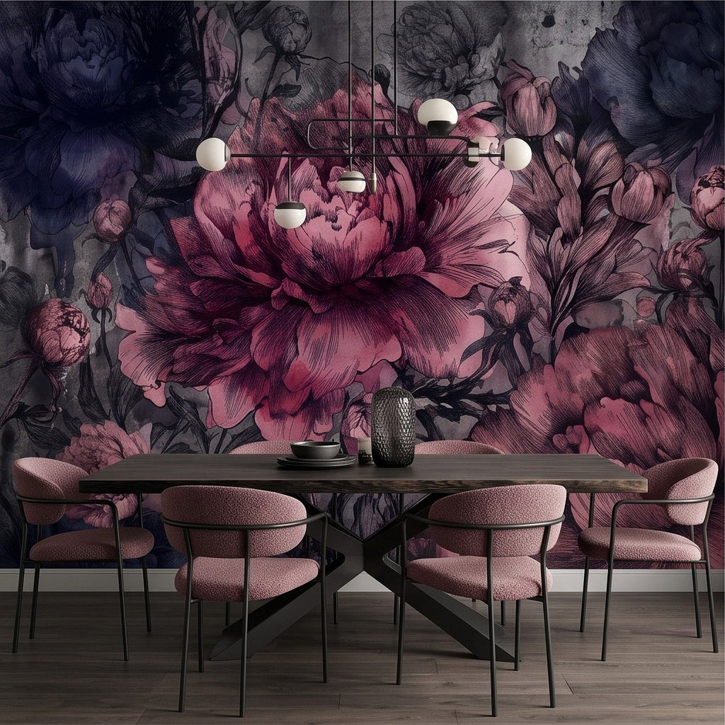 Floral peony wall mural with pink blooms and dark navy plum blossoms