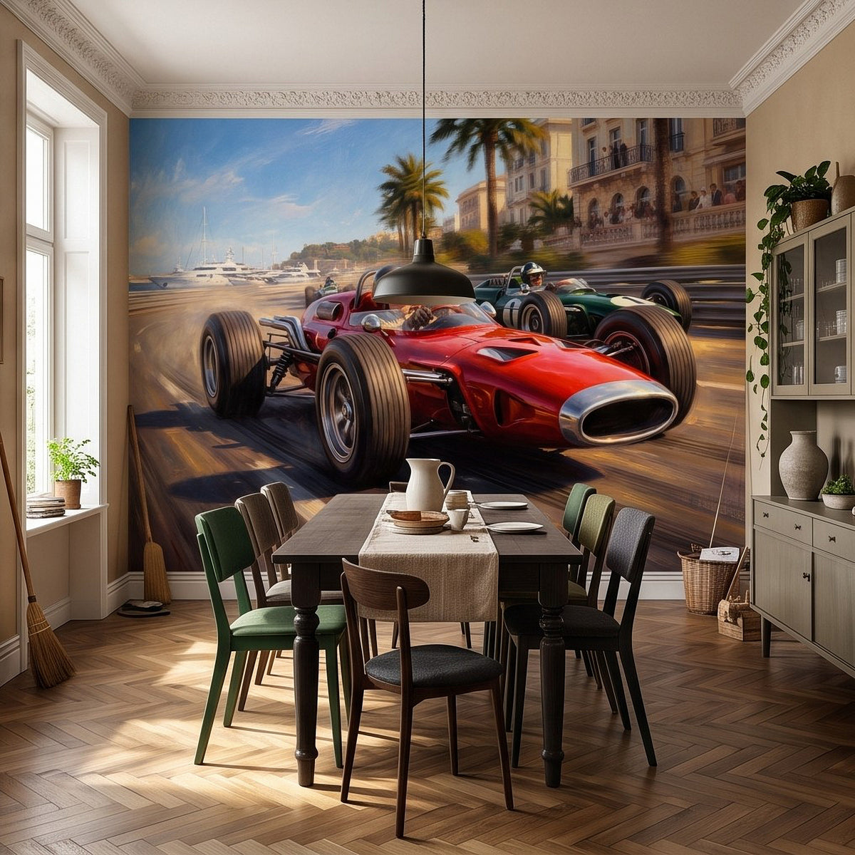Wall mural featuring red and green vintage open-wheel cars racing past palms and villas