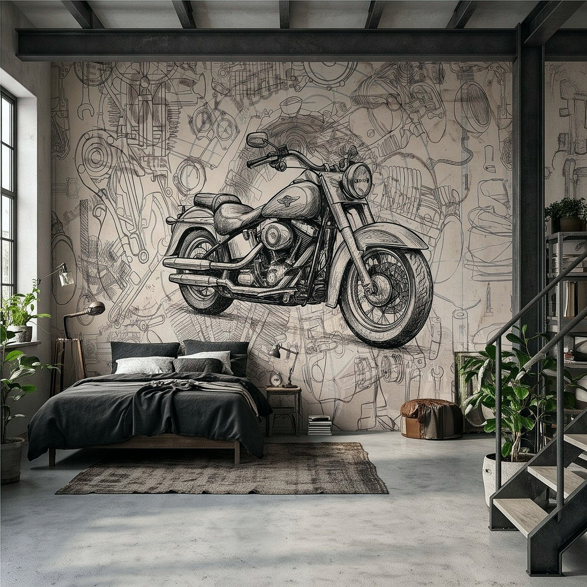 Motorcycle wall mural showing a classic cruiser engine sketch in black lines