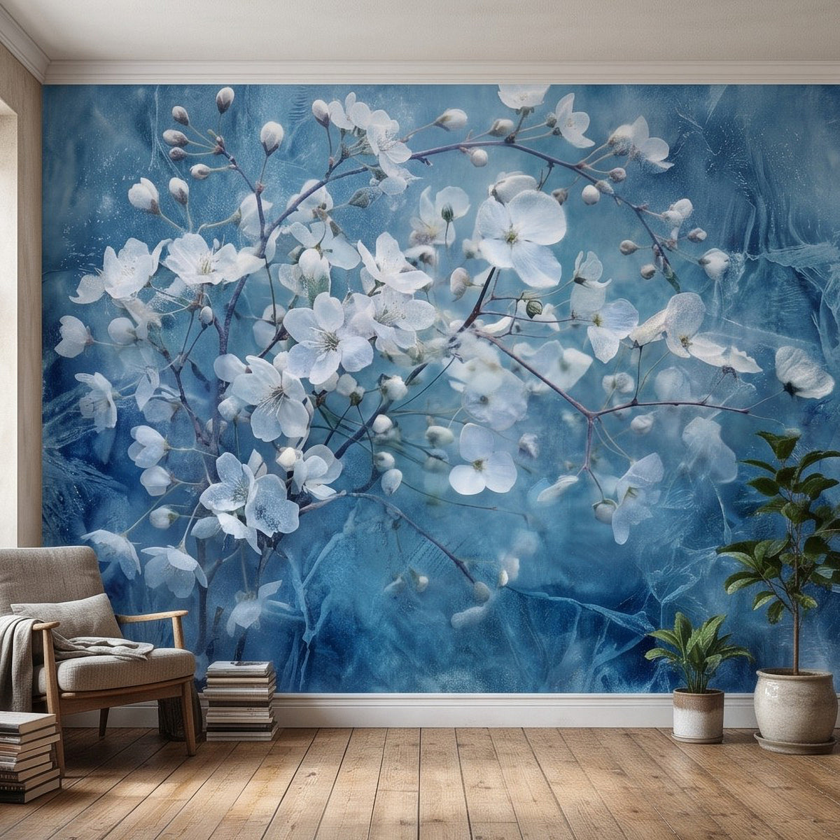 Blue wall mural with white cherry blossoms on a textured background