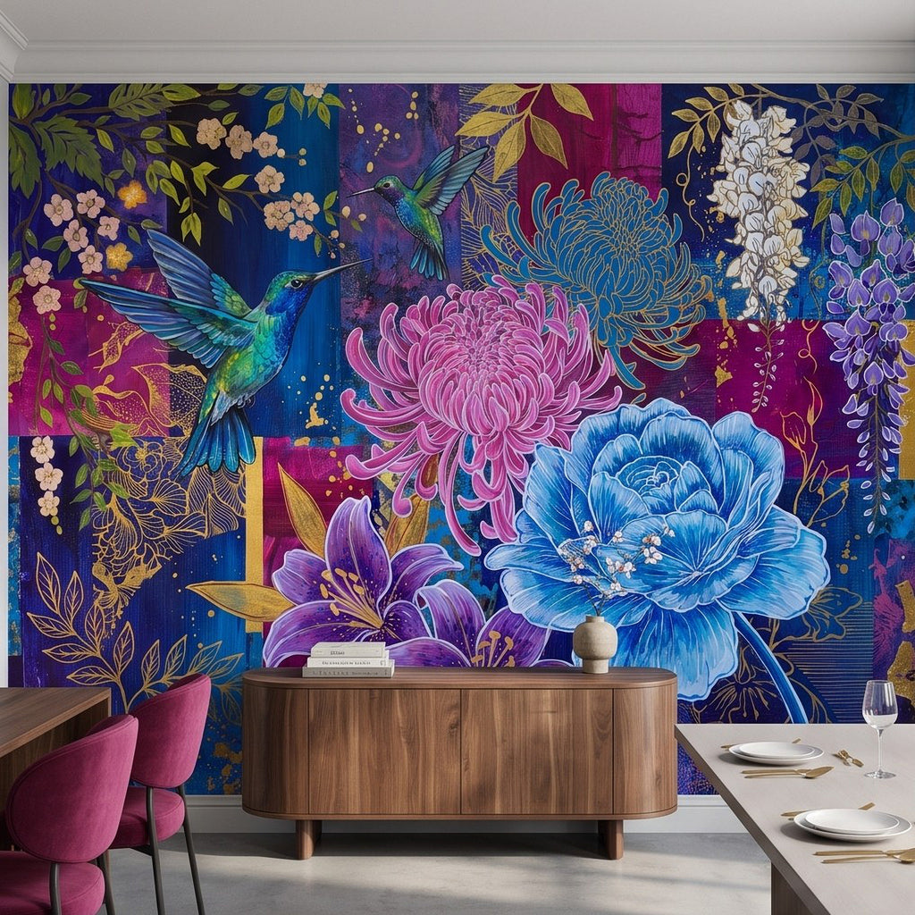 Botanical wall mural with hummingbird and large blue peony-like flower