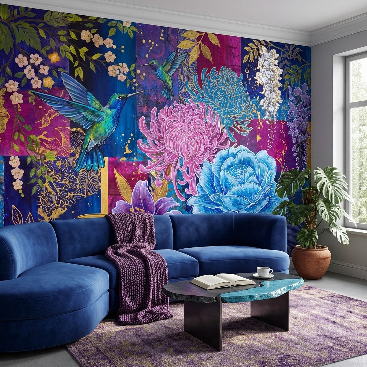 Botanical wall mural with hummingbird and large blue flower centerpiece over floral patterns