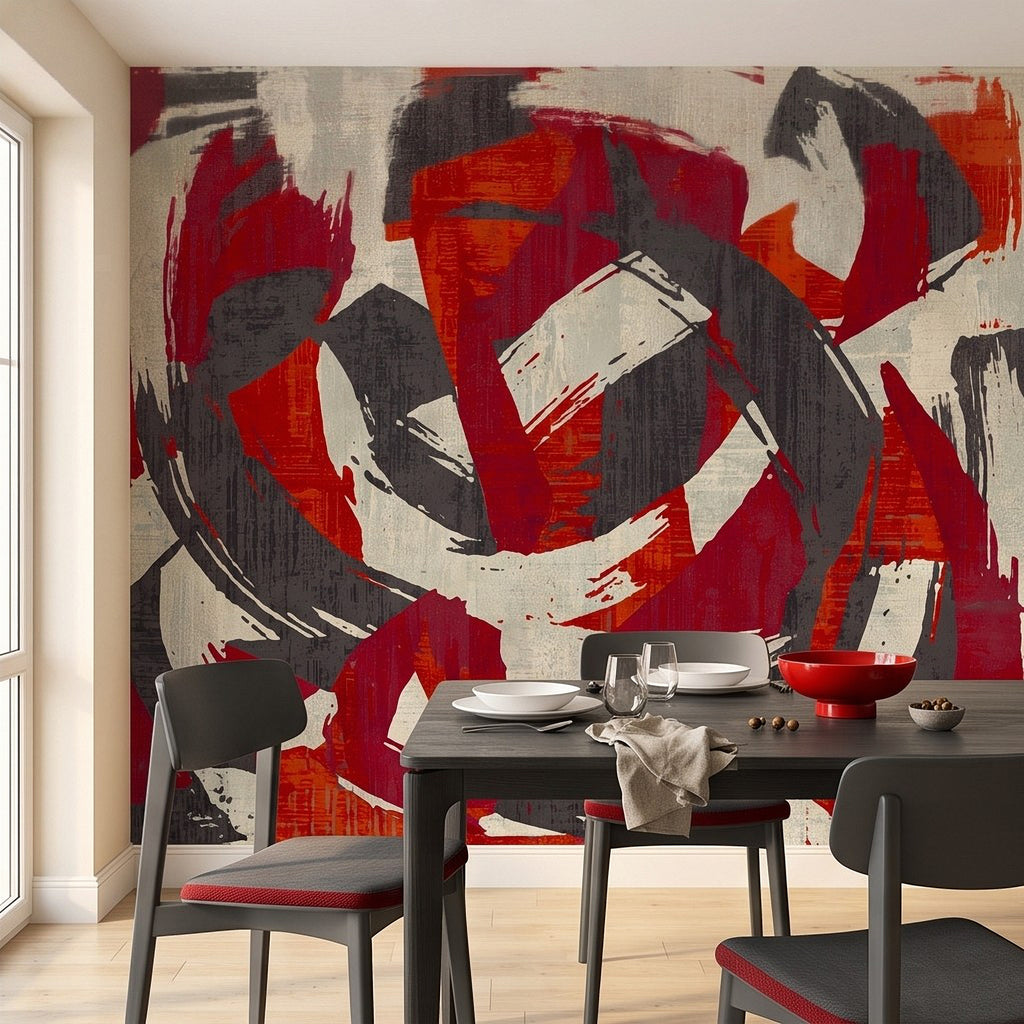 Abstract wall mural with red, black, and white swirl brush-stroke artwork