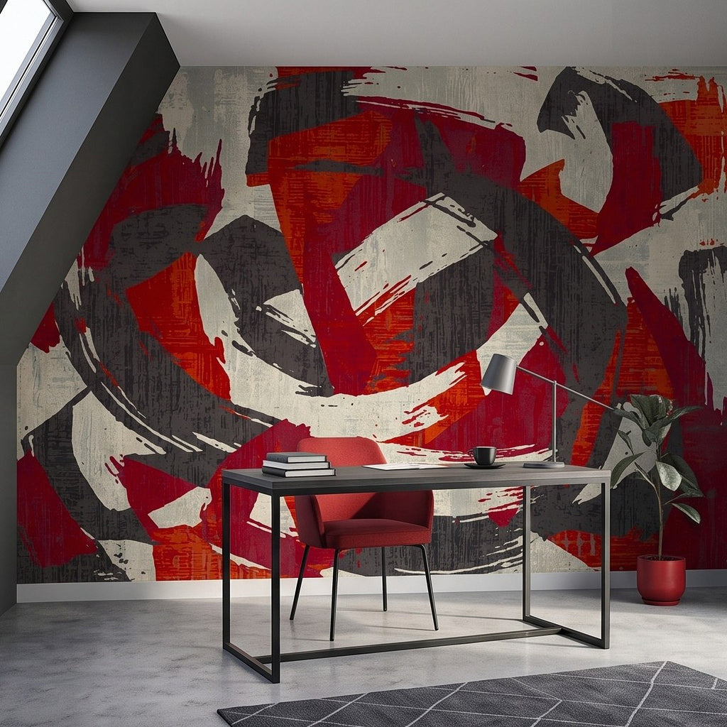 Wall mural detail showing red, black, and white brush-stroke swirl center
