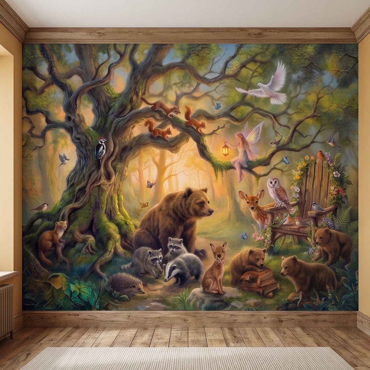 Woodland animal fairy wall mural packed with woodland creatures, birds, and forest lanterns