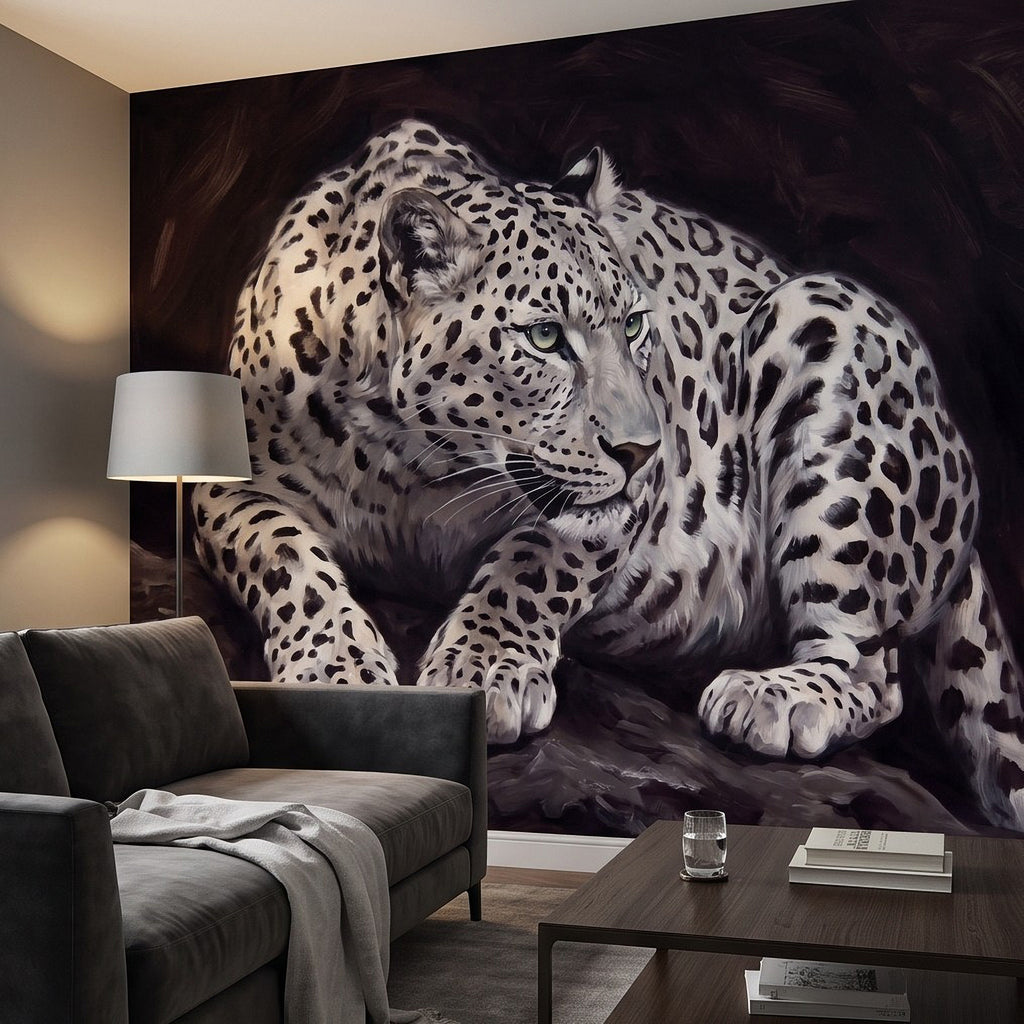 Snow leopard wall mural with a crouching big cat portrait and dark moody background
