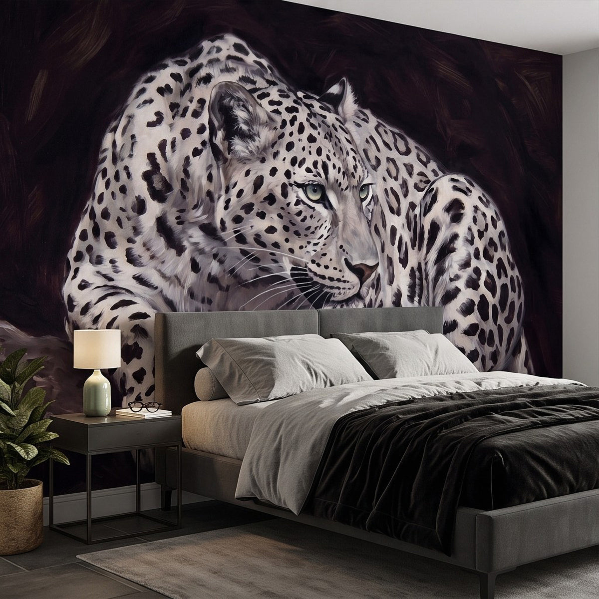 Snow leopard wall mural featuring a resting big cat with detailed fur and spots