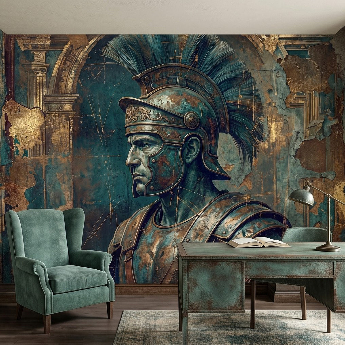 Roman warrior mural close-up with teal bronze helmet and armor, facing left