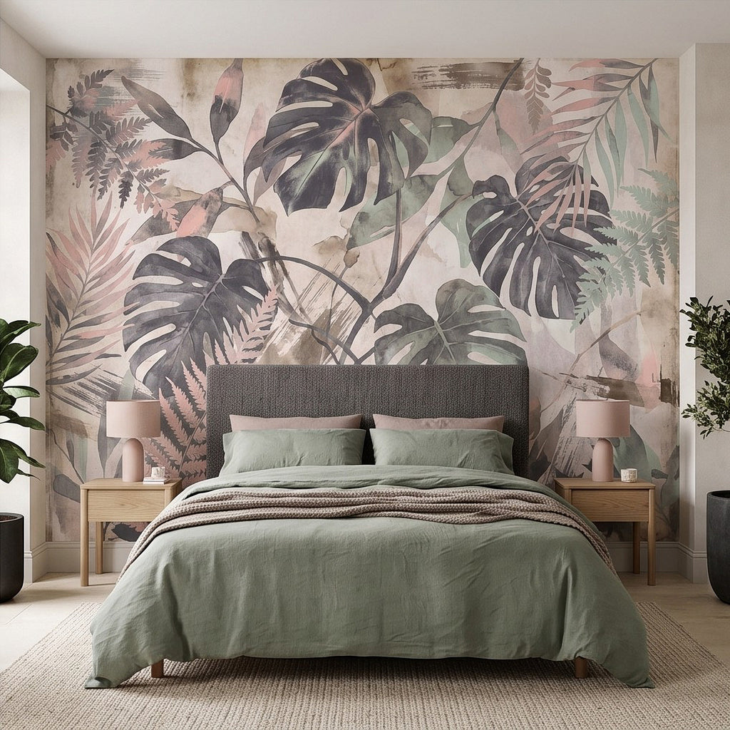 Tropical leaf watercolor wall mural with oversized monstera and fern prints in sage and gray