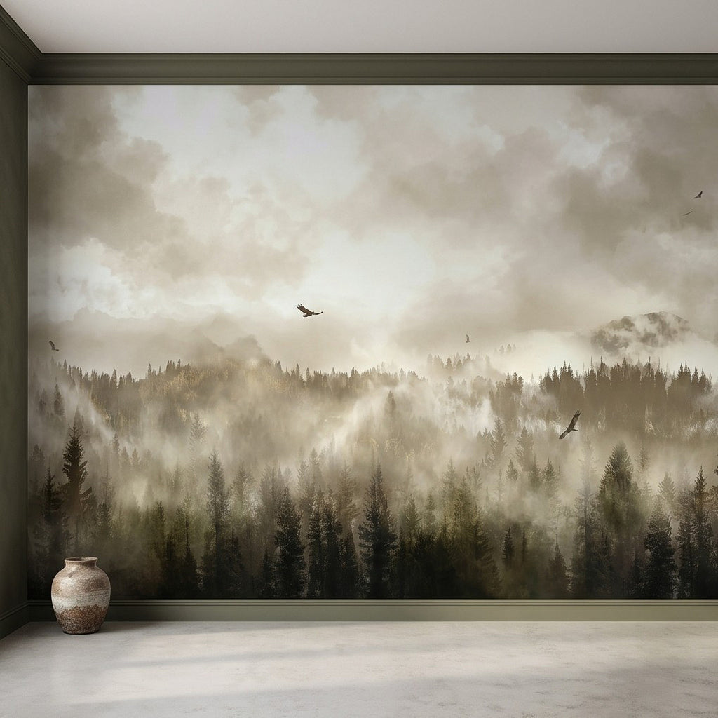 Misty forest mountain wall mural with pine treeline, fog banks, and flying eagles