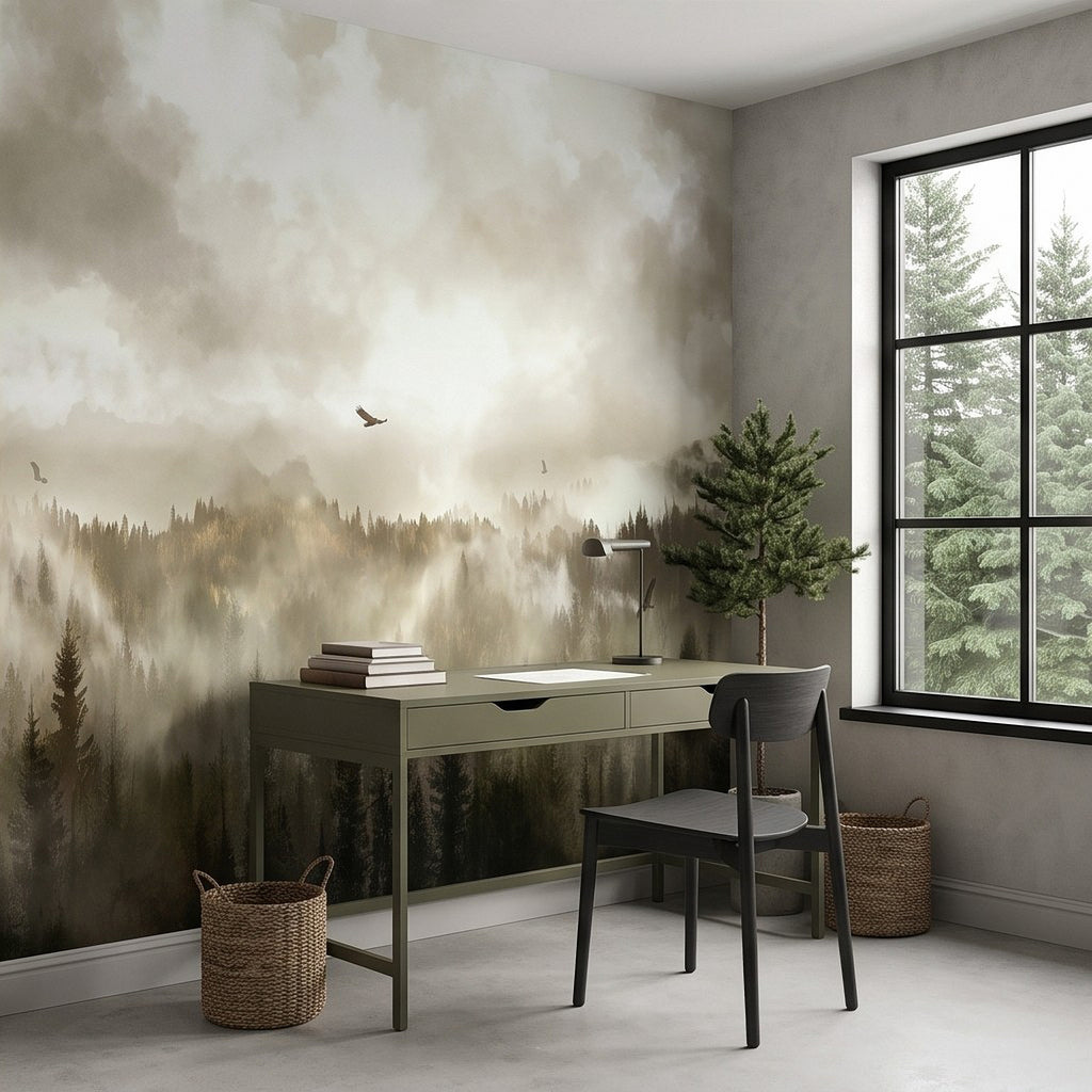 Foggy woodland mountain wall mural with pine trees and flying birds