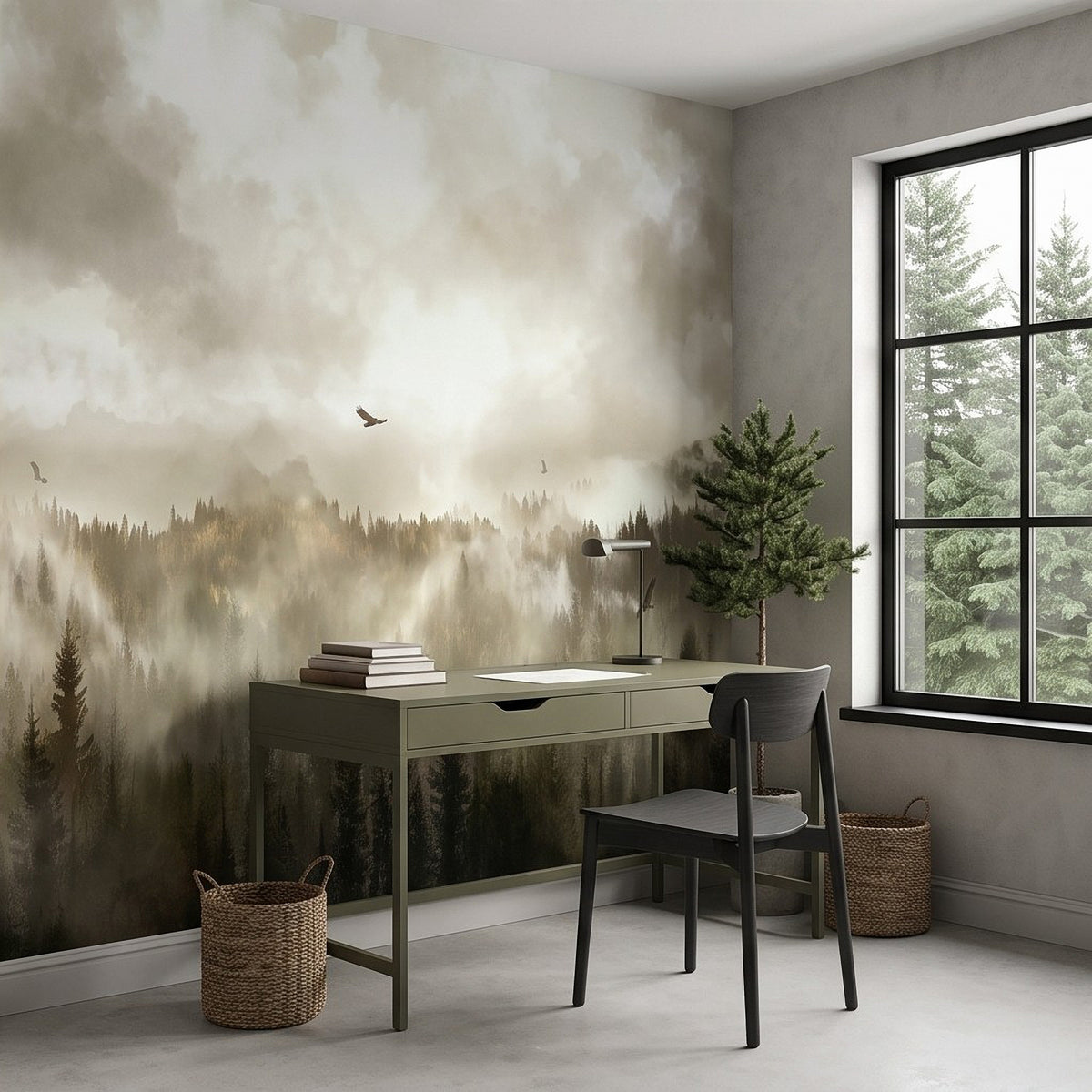 Foggy woodland mountain wall mural with pine trees and flying birds