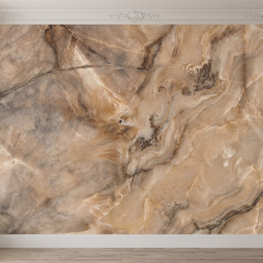 Close-up beige faux stone wall mural with cream, taupe, and dark brown marble veining