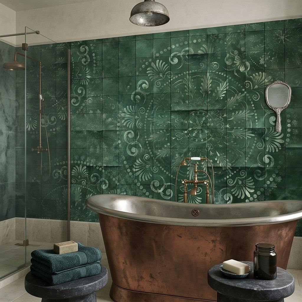 Green tile wall mural with distressed floral swirl motif and ornate decorative outlines