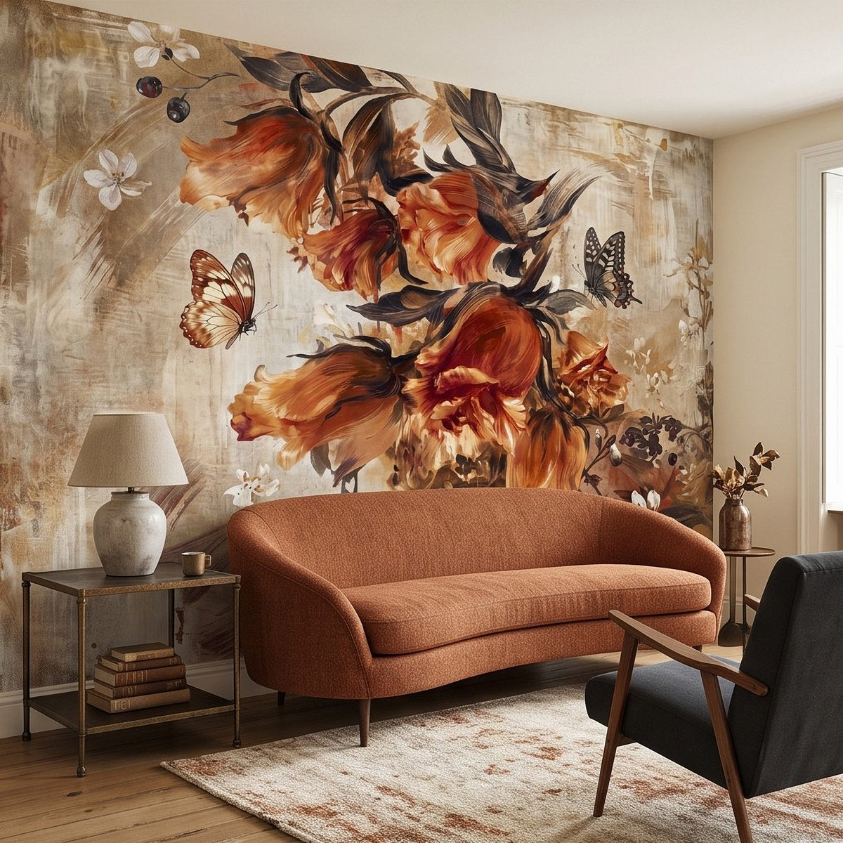 Nature-inspired wall mural with painterly birds, butterflies, and orange floral clusters and vines