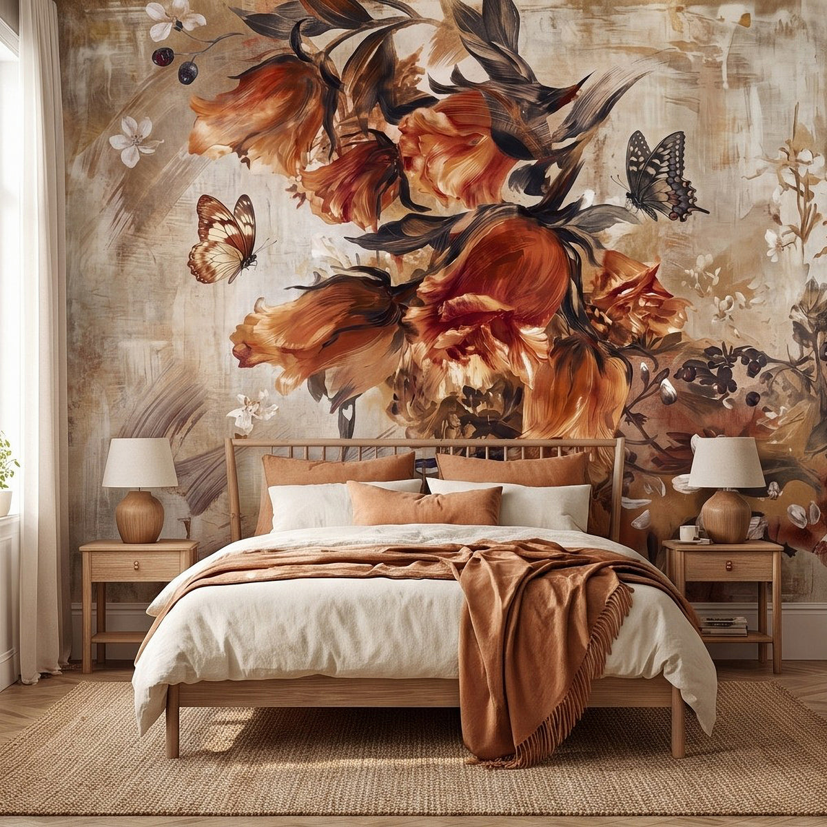 Painterly nature wall mural with orange birds, butterflies, and white flowers on light textured background