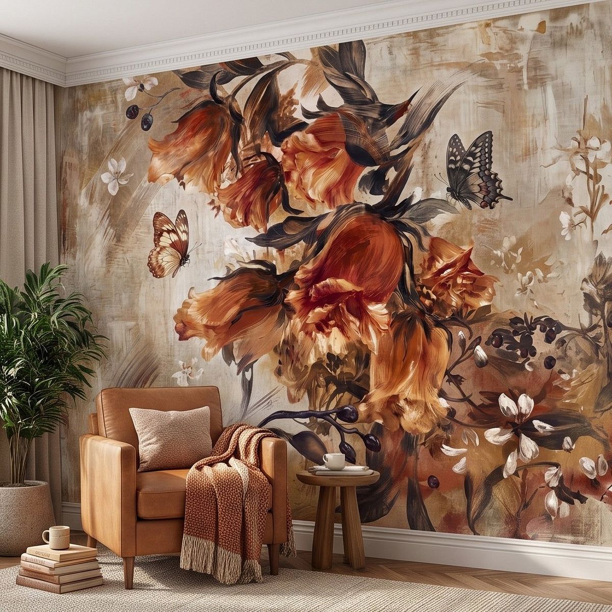 Floral painterly wall mural with orange birds, butterflies, and botanical branches on light background