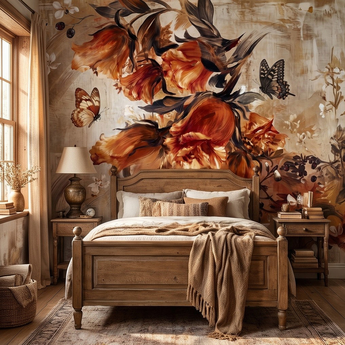 Botanical wall mural with painterly birds, butterflies, and orange flowers with white blossoms