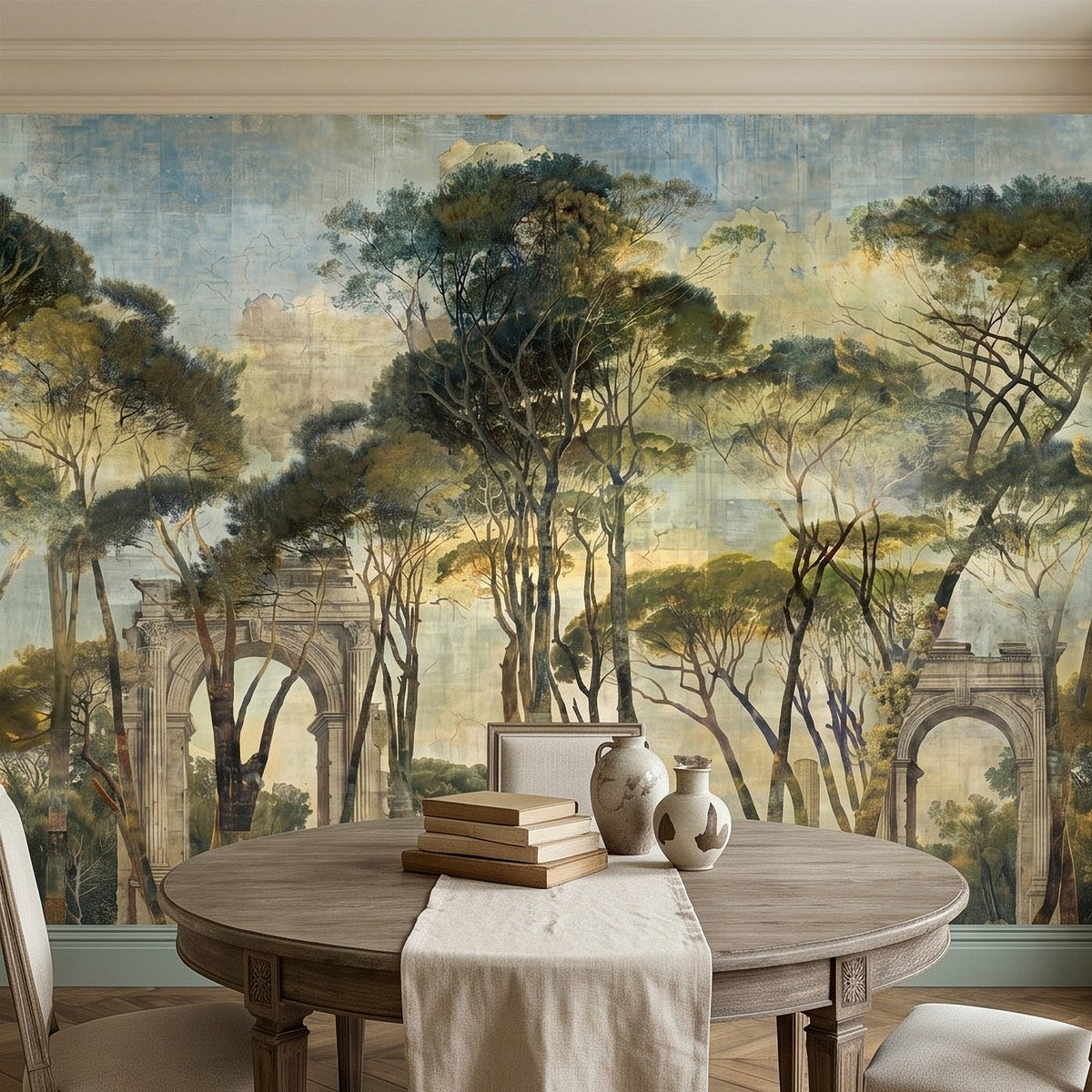 Landscape wall mural with classical archways framed by trees and stone columns
