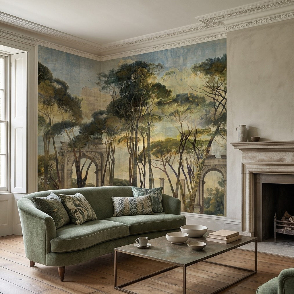Classical landscape wall mural with trees and stone arches behind a sofa