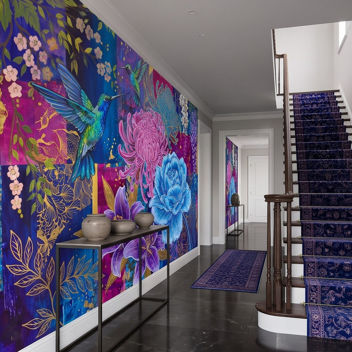 Vibrant botanical wall mural with hummingbird and large floral blooms in a hallway