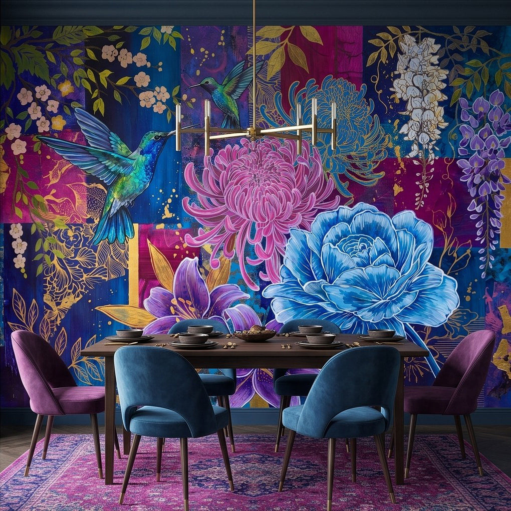 Botanical wall mural with hummingbird, magenta chrysanthemum, and blue flowers
