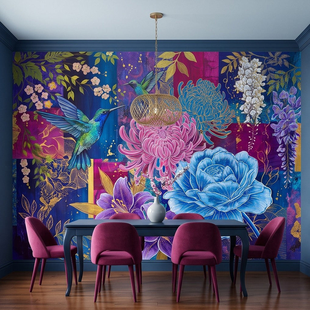 Eclectic botanical wall mural with hummingbird and bright chrysanthemum and peony flowers