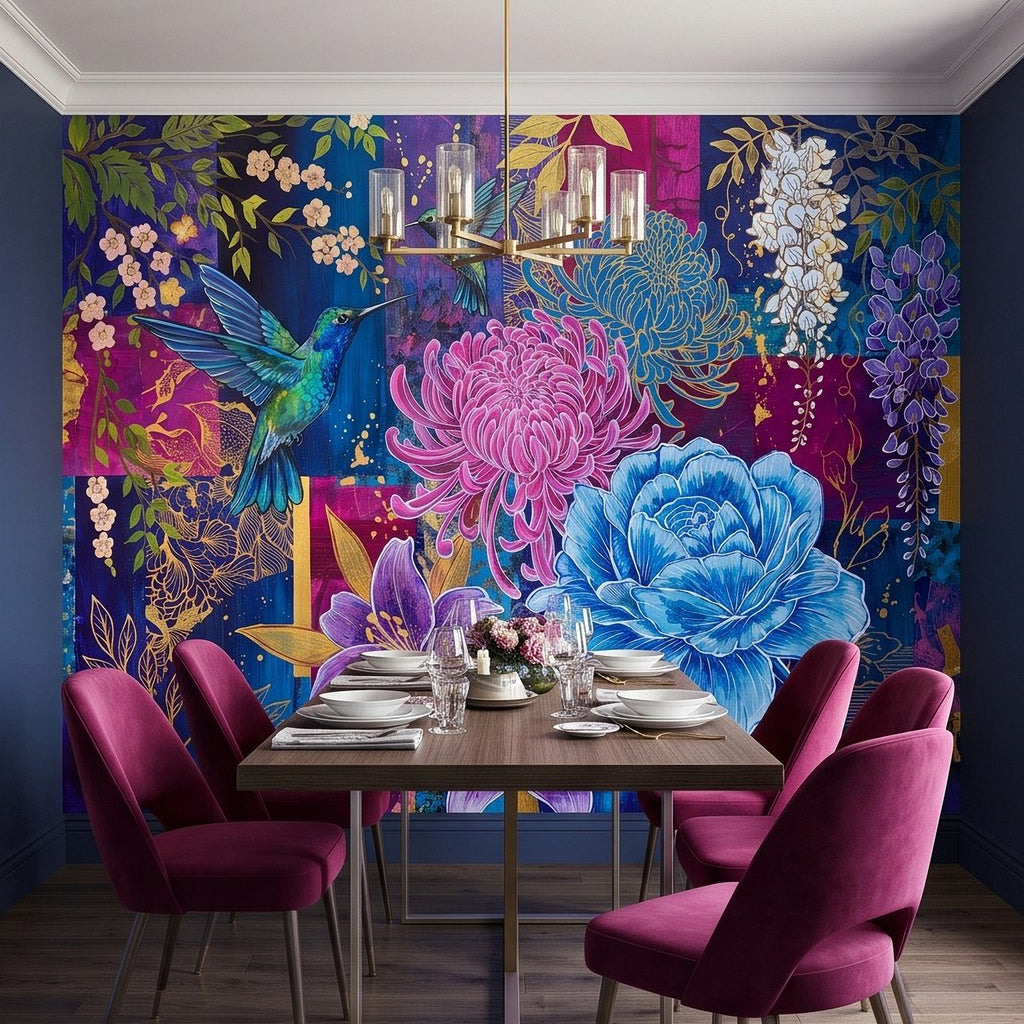 Botanical wall mural backdrop with hummingbird and oversized pink and blue blossoms