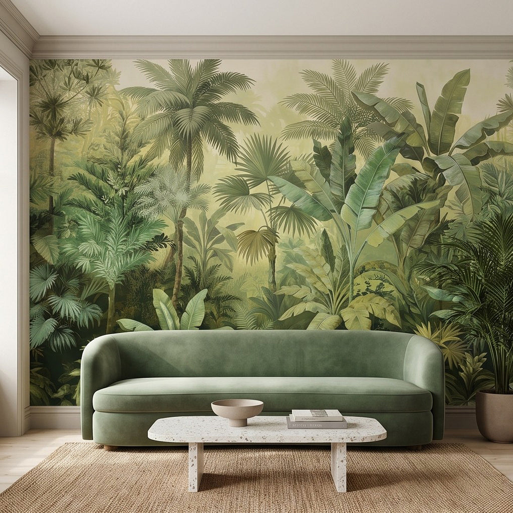 Tropical jungle wall mural with palm fronds and banana leaves across the feature wall